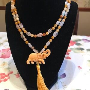 MALA BEAD NECKLACE~ RED ORANGE AGATE,CARNELIAN,BERYL AND QUARTZ